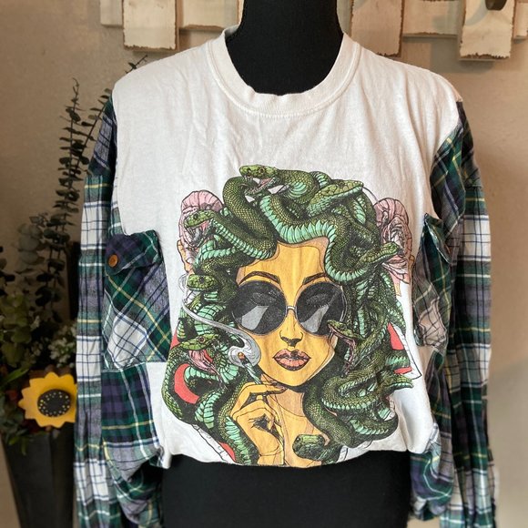 Hand Crafted Tops - 🔥SOLD🔥Medusa Handmade Upcycled Refashioned Reworked Plaid Flannel ~S/M
